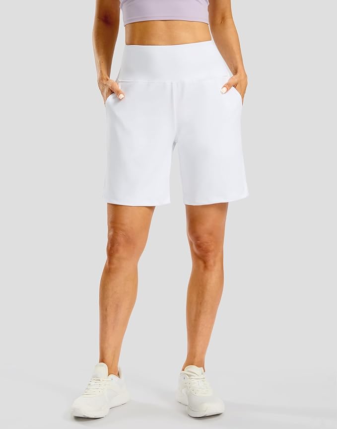 Women's Athletic Shorts with Zipper Pocket 7" High Waisted Stretchy Bermuda Shorts for Women Workout Running Casual
