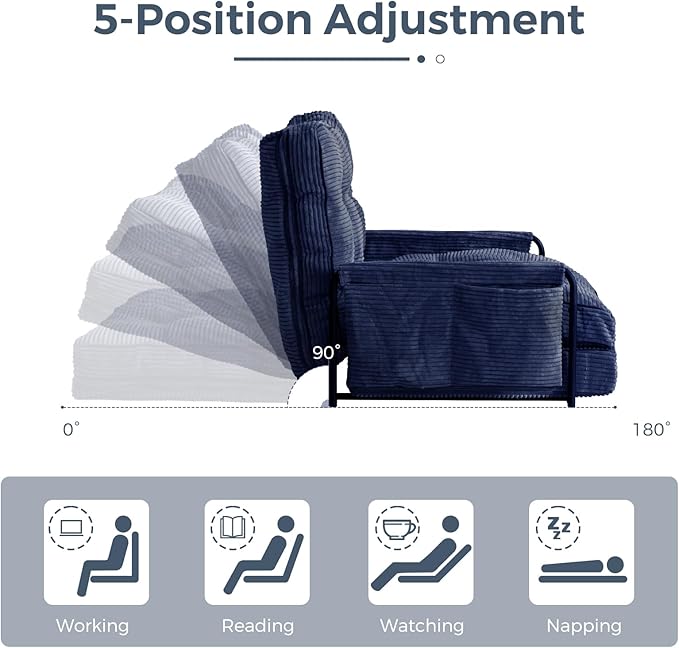 MAXYOYO Adjustable Floor Sofa Couch with Pillow, Multi-Functional Bean Bag Bed, 5-Position Foldable Lazy Sofa Sleeper Bed with Armrest, Versatile Floor Seating for Reading Gaming, Navy, Single