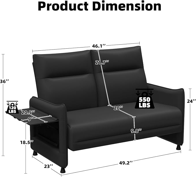 Faux Leather Loveseat, Upholstered Loveseat with Hidden Foldable Tray & Side Pocket, Front Contour Arm Design, Modern 2-Seater Sofa Couch for Compact Spaces, Black