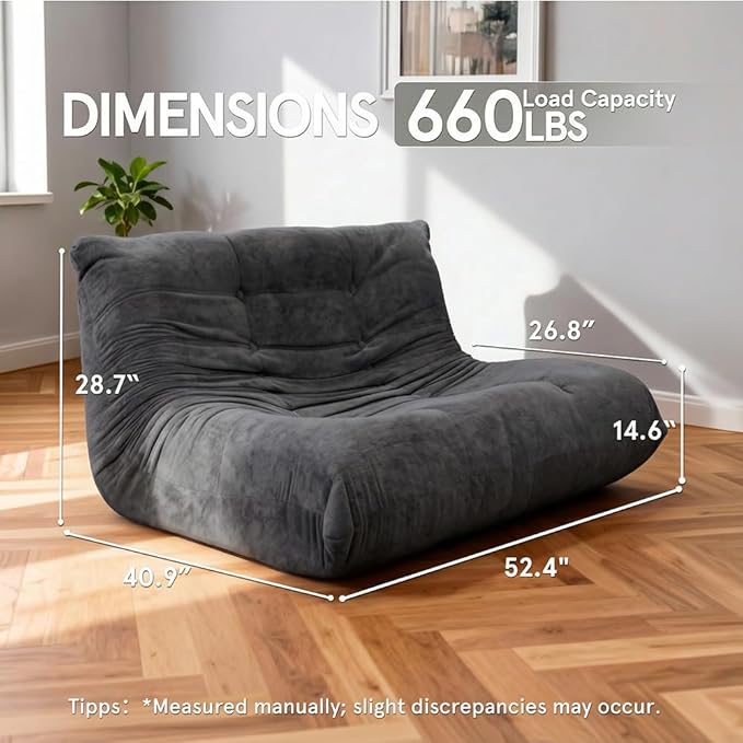 Sytopia Loveseat Bean Bag Chair, Oversized Reading Chair for Adults Ultra-Comfy, Corner Floor Sofa 40D Foam, Togo Sofa Furniture for Living Room Bedroom Gaming, Black Onyx