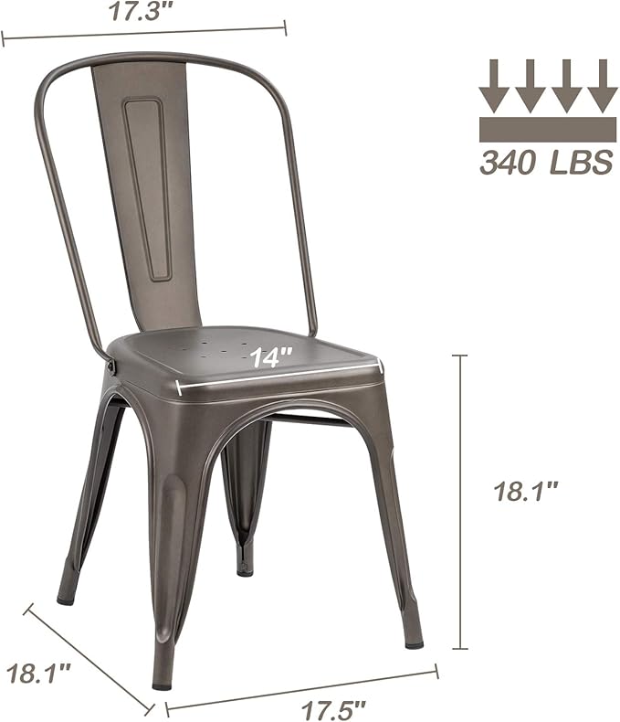 Devoko Metal Indoor-Outdoor Chairs Distressed Style Kitchen Dining Chairs Stackable Side Chair with Back Set of 4 (Gun)