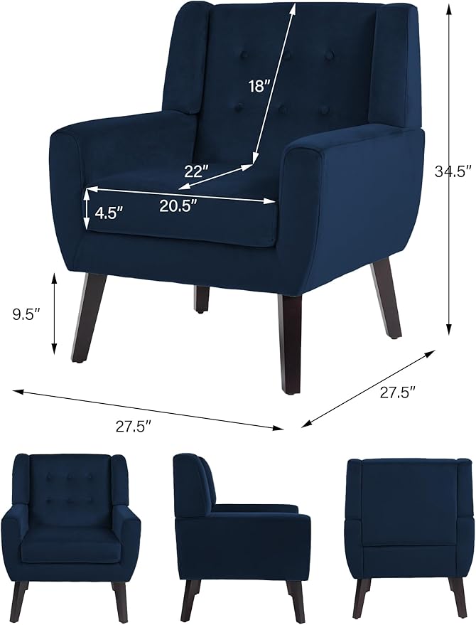 DREAMSIDEA Accent Chair, Modern Velvet Arm Chair for Living Room, Bedroom, Comfy High-Resilient Sponge Reading Chair for Small Spaces （Velvet Royal Blue, Set of 2
