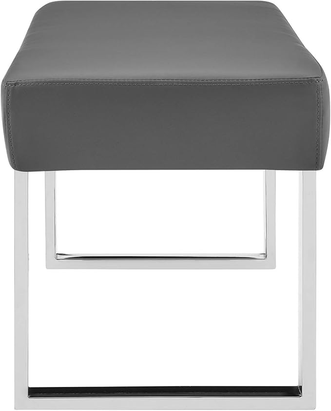 Armen Living Amanda Bench in Grey Faux Leather and Chrome Finish 48 x 19 x 18