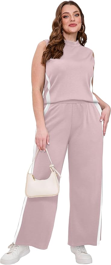 XIEERDUO Two Piece Sets for Women Summer Outfits Travel Mock Neck Lounge Sets Wide Leg Pants Beach Vacation Clothes