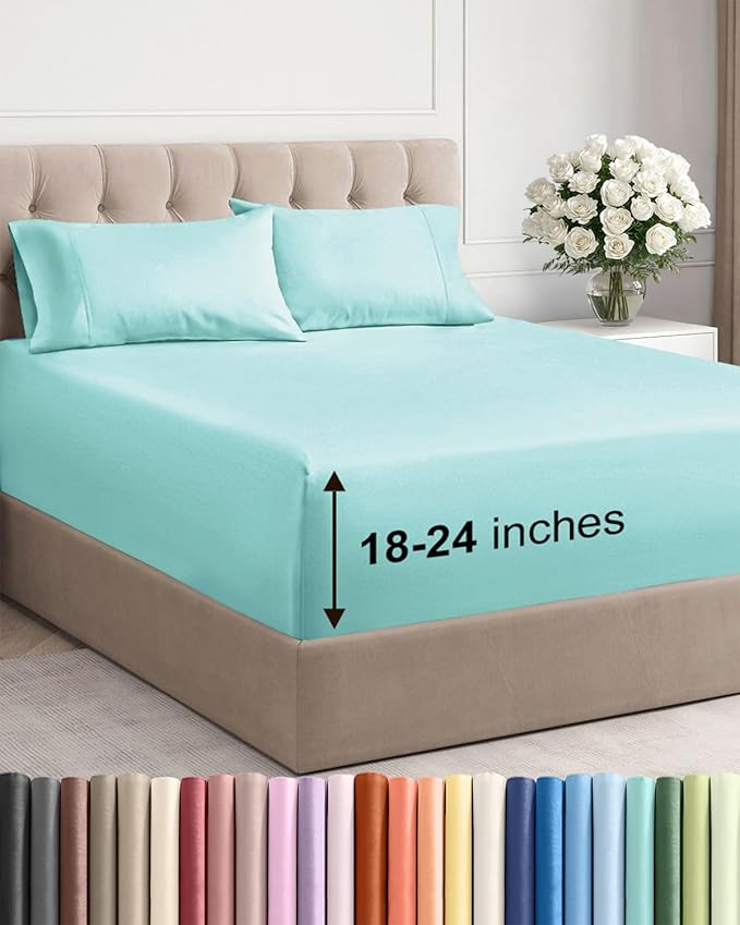 Extra Deep Pocket King Sheets - 4 Piece Breathable & Cooling Bed Sheets - Hotel Luxury Bed Sheet Set - Soft, Wrinkle Free & Comfy - Easily Fits Extra Deep Mattresses - Deep Pocket Spa Blue Sheets Set