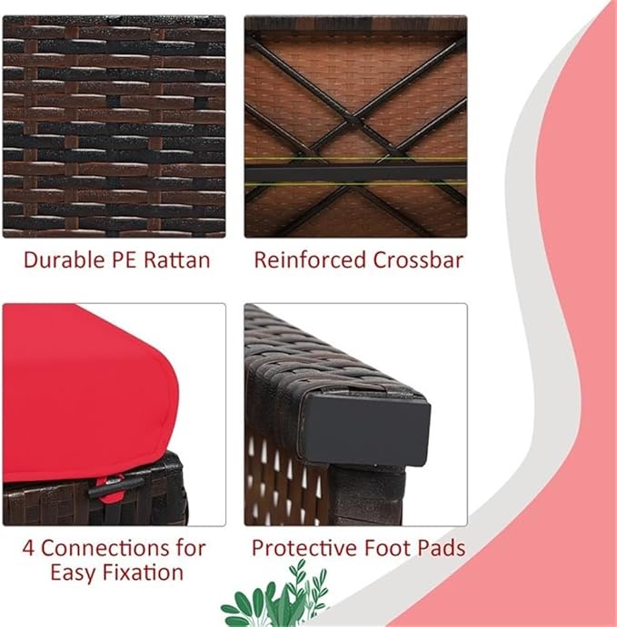 Pemberly Row Patio Rattan Ottomans/Footrests in Red Cushioned Seat (Set of 2)