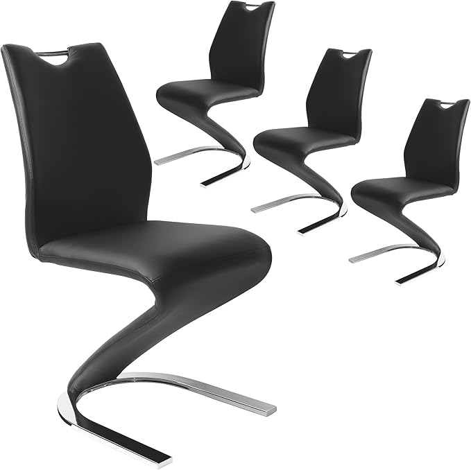 Mermaid Dining Chairs Set of 4, Modern Kitchen Dining Room Armless Upholstered Side Chairs with PU Leather Cushion Seat and Sturdy Metal Legs (4 Black)