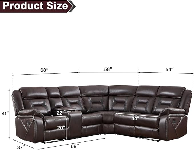 EBELLO Faux Leather Reclining Sectional Sofa Set for Living Room, 1 Recliner Chair and L-Shaped Reclining Couches Home Furniture Set with Center Console, Hidden Cup Holders and Storage, Dark Brown