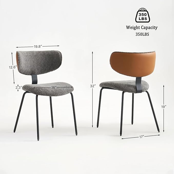 Modern Boucle Dining Chairs Set of 2,Faux Leather Kitchen & Dining Room Chairs,Curved Backrest Upholstered Dining Chairs with Metal Legs, Black