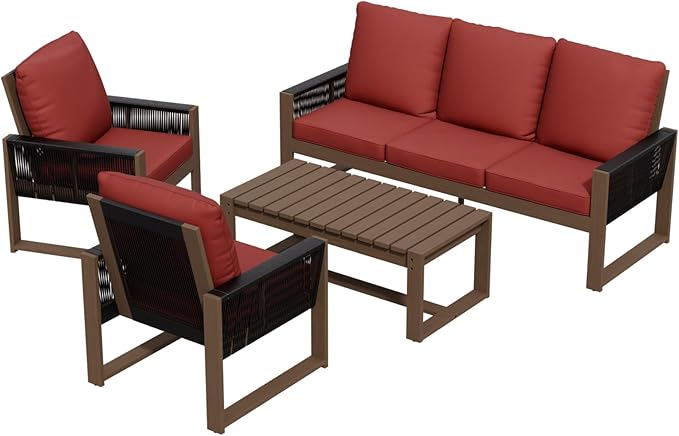INTER HUT Rustic Hideaway Natural Cedar Wood Outdoor Furniture Set, Wicker Patio Conversation Set for Porch Garden Backyard, Couch, 2 Patio Chairs and Coffee Table, 4 Piece, Brownish/Red