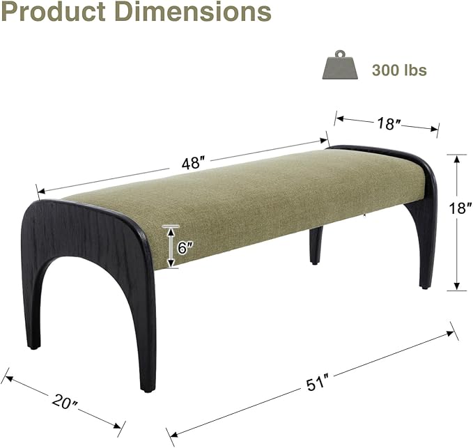 DUOMAY Modern 51" Wide Ottoman Bench, Long Entryway Bedroom Bench with Solid Wood Legs and Linen Upholstered Dining Bench Storage Bench for Living Room Indoor, Kitchen, Green