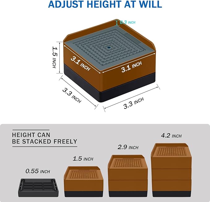 ANNKUT Bed Furniture Risers 1.5 inch, Square Adjustable Risers Blocks for Bed Sofa Table and Couch Lifting，Heavy Duty Support Up to 1,300 Lbs (4 Pack-Brown)