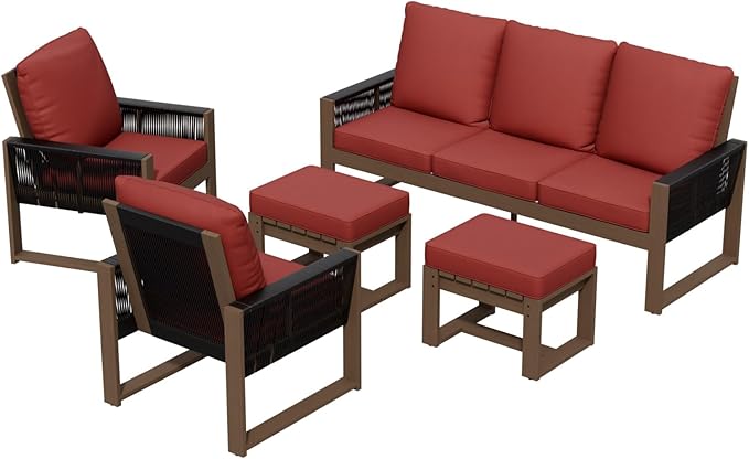 INTER HUT Rustic Hideaway Natural Cedar Wood Outdoor Furniture Set, Wicker Patio Conversation Set for Porch Garden Backyard, Couch, 2 Patio Chairs and 2 Ottomans, 5 Piece, Brownish/Red