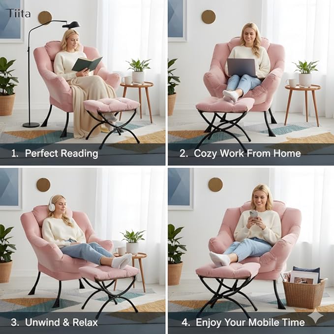 Tiita Lazy Chair with Ottoman, Pink Chair Modern Large Accent Lounge Armchair, Comfy Leisure Sofa Reading Chair with Footrest for Bedroom, Living Room, Dorm Rooms, Garden and Courtyard, Velvet Pink
