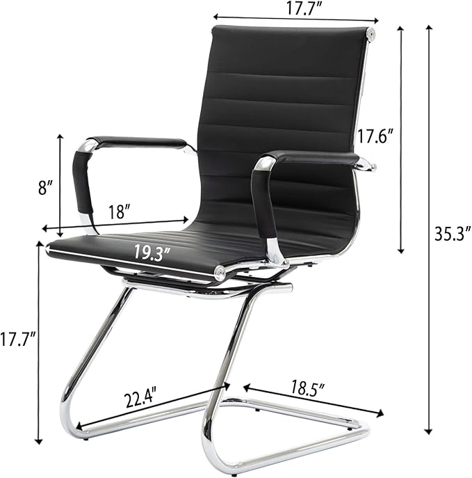 DM Furniture Reception Chairs No Wheels Leather Conference Chair Heavy Duty Back Support Office Guest Chair, Set of 2 (Black)