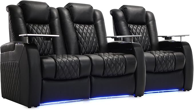 Weilianda Home Theater Seating Top Grain Leather Zero Gravity Recliner Chair Power Headrest Recline Movie Seat Gaming 7 Colors Mood Light Sofa with Tray Table USB Charge Row of 3 Loveseat Left Black