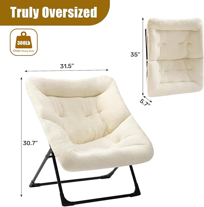 HollyHOME X-Large Saucer Chair, Comfy Oversized Folding Chair, Faux-Fur Reading Chair for Teens, Adults, Foldable Accent Lazy Chair, Metal Frame Lounge Chair for Living Room, Bedroom, Dorm, Beige