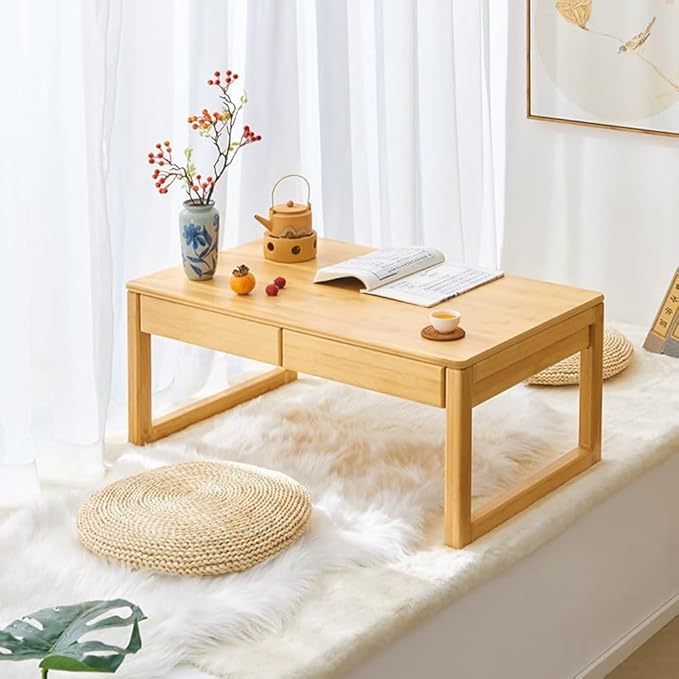 Japanese Meditation & Tea Table Antique Altar Table, Multifunctional Low Floor Tatami Table for Tea, Laptop, and Meditation (Beige, 70x42x30cm)