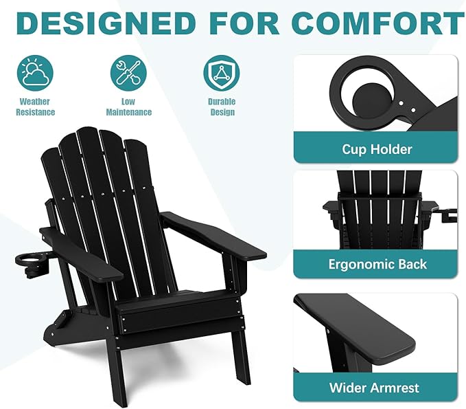 FOOWIN Adirondack Chair, Folding Adirondack Chair with Cup Holder, HDPE All-Weather Fire Pit Chair for Patio, Garden, Backyard, Poolside, Black