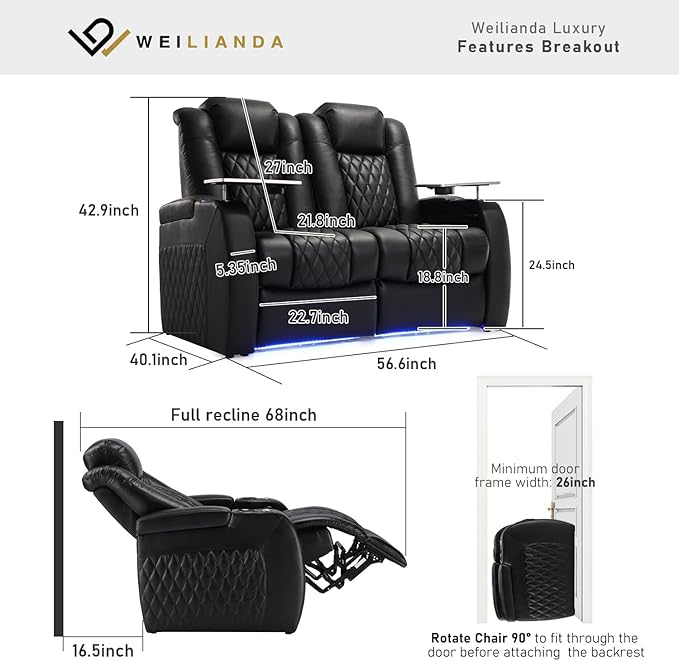 Weilianda Home Theater Seating Top Grain Leather Zero Gravity Recliner Chair Power Headrest Recline Movie Seat Gaming 7 Colors Mood Light Sofa with Tray Table USB Charge Row of 2 Loveseat Black
