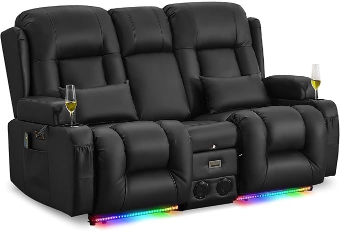 URRED Loveseat Recliner Sofa with Massage and Heat, Power Reclining Loveseat Sofa RV Couch with Console, Home Theater Seating with LED Lights, Bluetooth Speakers, USB, Outlets, Faux Leather, Black | Wall Hugger, Double Recliner, Zero Gravity, Full Body...