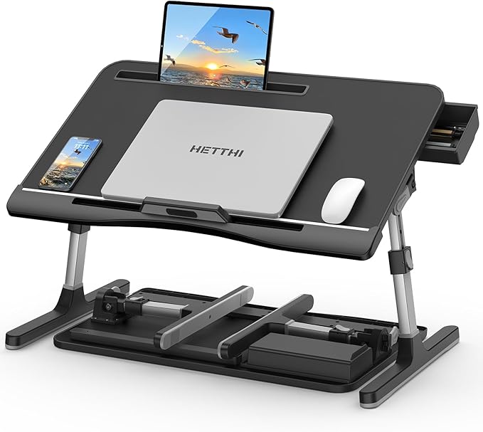 Laptop Bed Desk Tray, Adjustable Sturdy Laptop Stand for Bed with Premium Materials, Folding Portable Lap Desk for Writing Working Eating Painting (Black, 23.6"×14")