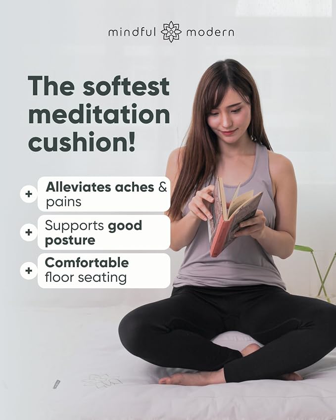 Mindful Modern Large Meditation Cushion for Zafu Yoga - Meditation Pillow for Sitting on The Floor - Buckwheat Hull Filled Yoga Cushion with Removable, Washable 100% Cotton Cover and Carry Handle