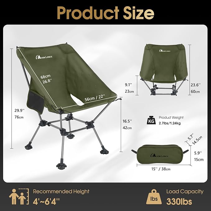 MOON LENCE Camping Chair Plus, Upgraded Comfort & Size, Still Compact and Lightweight, Folding Portable Chair for Backpacking & Hiking, 400Lbs Capacity, Gen 3 Plus (Green with Groundgrip Feet (Plus))