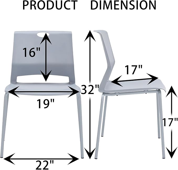Grey Stackable Chairs Set of 4, Modern Office Guest Chair Wide Seat, Stackable Dining Chairs, Plastic Chair for Conference Room, Living Room, Waiting Area, Classroom.…