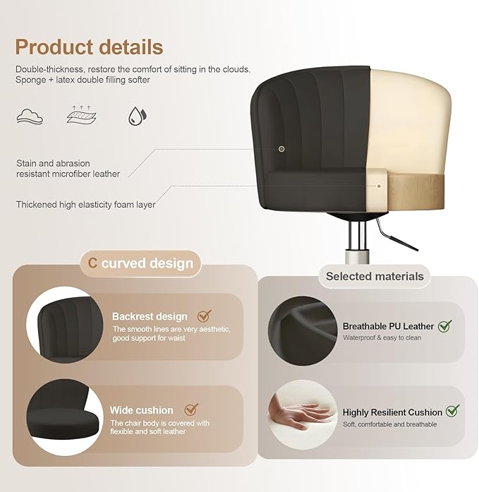 HDHNBA Small Desk Chair Round Rolling Chair with Back PU Leather Height Adjustable Swivel Vanity Work Computer Stool Chair for Home Office Bedroom