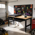 60 Inch Adjustable Height Rubber Wood Garage Workbench, Heavy Duty 3000LBS Work Bench with Drawers & Pegboard & Power Outlets Work Table for Garage, Workshop, Home Office