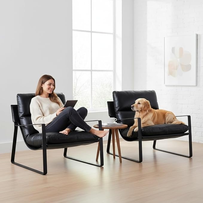 LukeAlon Modern PU Leather Accent Armchairs Set of 2, Upholstered Living Room Chairs with Metal Base Removable Thickened Cushion Sofa Chairs Comfy Lounge Chair for Bedroom Living Room Office, Black