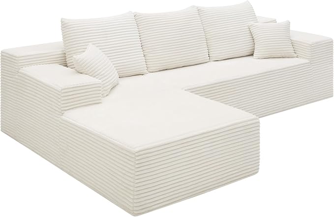 HYJT-H&K Modular Sectional Sofa Cloud Sectional Couch, 107" Comfy Fluffy L Shaped Beige Couches for Living Room, Deep Seat Memory Foam Plush Corduroy Boneless Couch Sectionals Left Facing Chaise Sofa