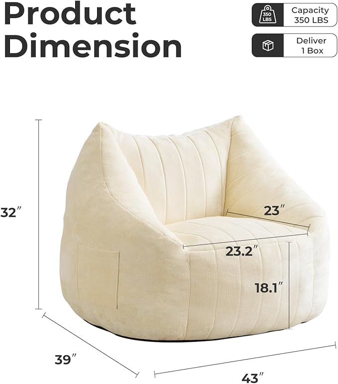 Giant Bean Bag Chair for Adults,Oversized Bean Bag with Filling Plush Fluffy,BeanBag Floor Sofa Chair with with Back Support for Living Room, Bedroom, Reading,Beige