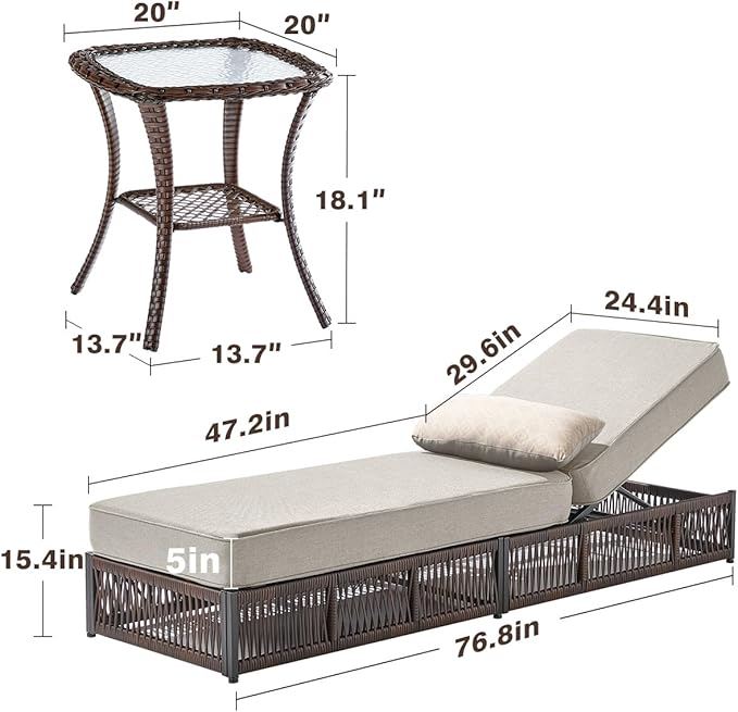 ACTREST Luxury Outdoor Chaise Lounge Chairs of 2 with 5 Inch Thick Cushions and Side Table - 3 PCS High Back Brown Wicker Rattan Patio Recliners Lounger Furniture Set for Poolside Sunbathing - Beige