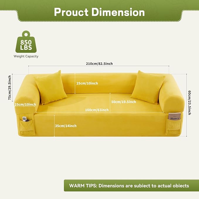 GJQ 3 Seater Boneless Couches for Living Room,Corduroy Couch with 2 Pillows & Storage,Memory Foam Couch in a Box,Compressed Floor Sofa with Armrests,No Assembly Required Cloud Sofa,Yellow