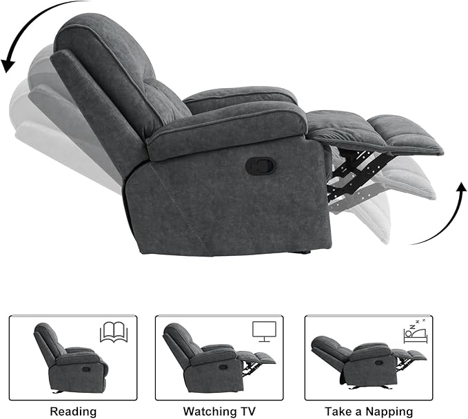 KeyEnergy Manual Rocker Recliner Chair for Adults, High Back Glider with Deep Seat, Upholstered Fabric Armchair for Living Room & Nursery, Dark Grey