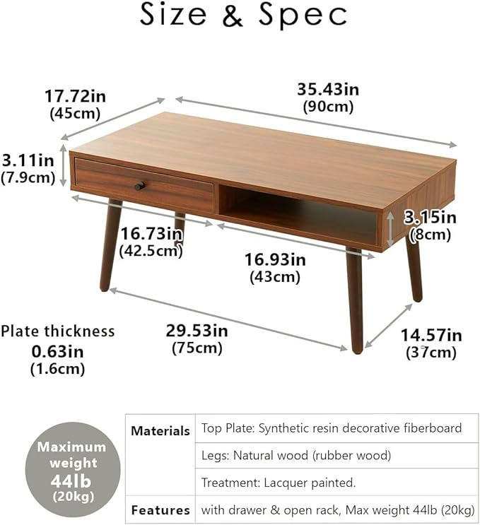 EMOOR Wooden Small Coffee Table with Storage Rectangle Medium (35.4"x17.7") Rustic Brown, Floor Sitting Low Table Small Space Minimalist Japanese Tatami Room