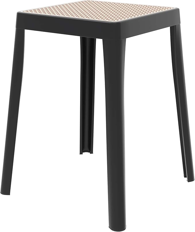 LeisureMod Stackable Square Plastic Dining Stool - Mid-Century Modern Backless Accent Stool with Wicker Top for Kitchen & Dining Room, Black