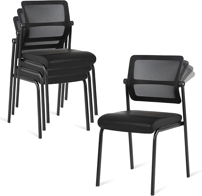 CLATINA 4PK Mesh Stacking Office Desk Chairs, Portable Stackable Bulk Waiting Room Armless Chair with Adjustable Back & Leather Seat for Guest Lobby Side School Church Conference Break, Black