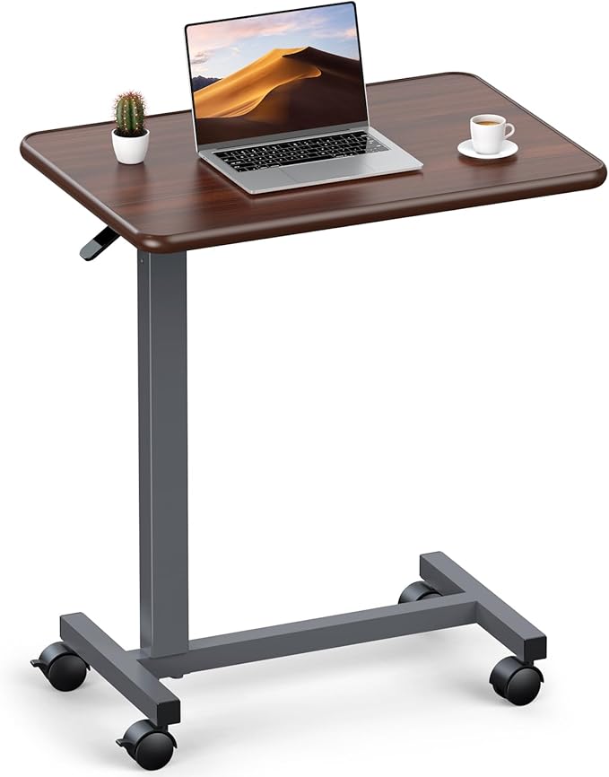 WOTURE Adjustable Overbed Table with Wheels, Bedside Rolling Table, Pneumatic Height Adjustment, Hospital Bed Table on Wheels, Standing Desk, Bedridden & Mobility Needs, Walnut