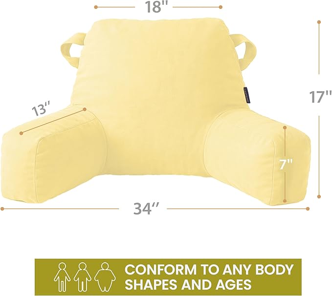 Unisakey Portable Comfy Reading Pillows for Bed Sitting Up(Yellow Oeko-Tex), Velvet Back Pillow with Arms & Pockets for Adults, Support Memory Foam Bed Pillow for Dorm/Reading/Watching/Gaming