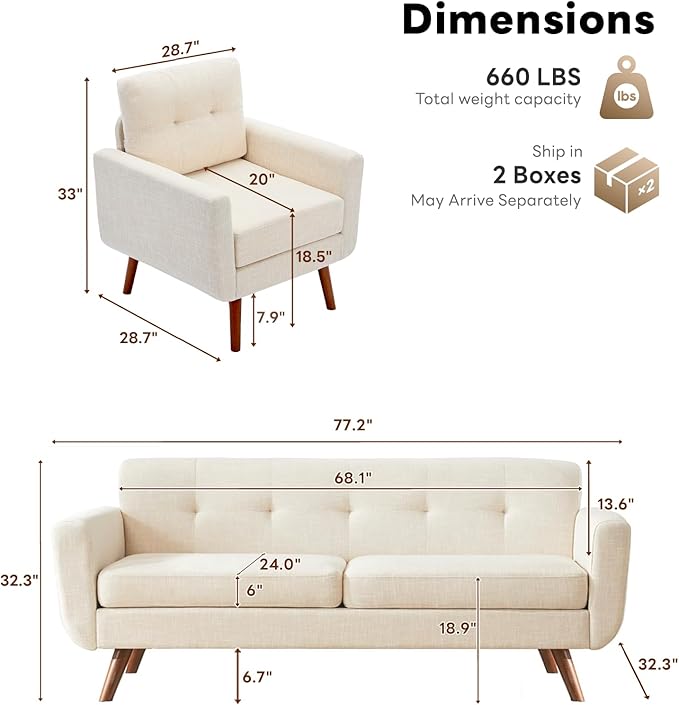 Tbfit Mid Century Modern Sofa Couch, Beige, Standard Sofa & Accent Chair | linen fabric, button tufted, solid wood foot, pocket spring, wood slats frame