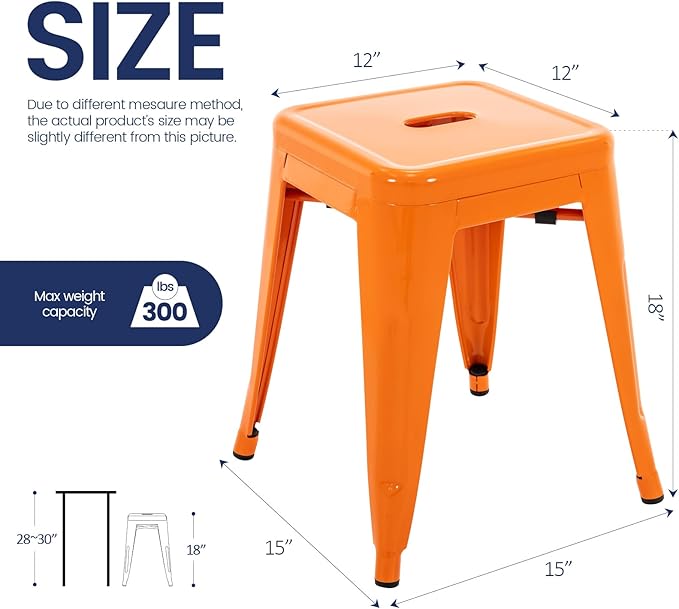 Brage Living 18 Inch Industrial Metal Stools Set of 2, Short Stackable Classroom Stools, Backless Metal Dining Chairs for Indoor Outdoor Kitchen (Orange)