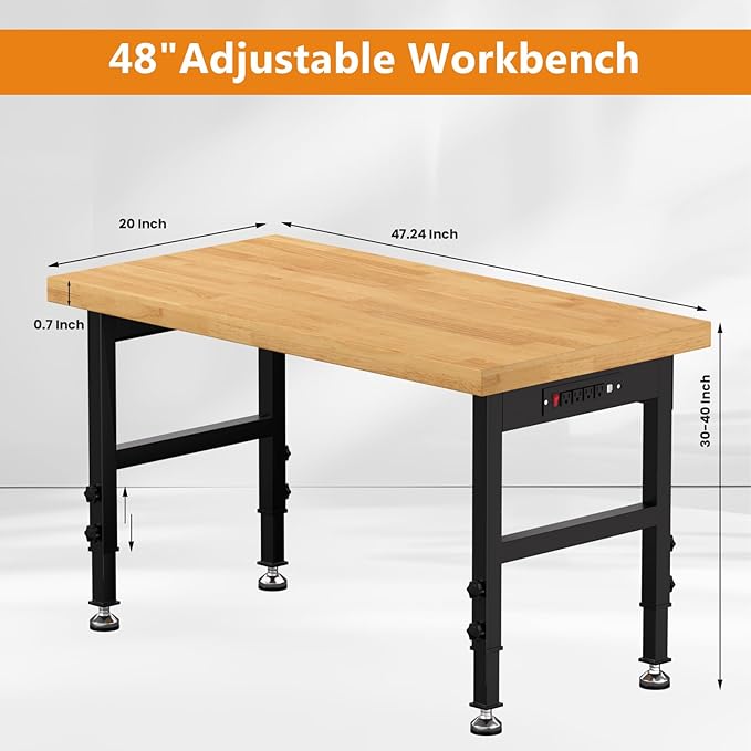48" Heavy Duty Work Bench with Power Outlets, Adjustable Height Workbench with Rubber Pad, 2000 LBS Capacity Work Table for Garage, Workshop, Office, Home