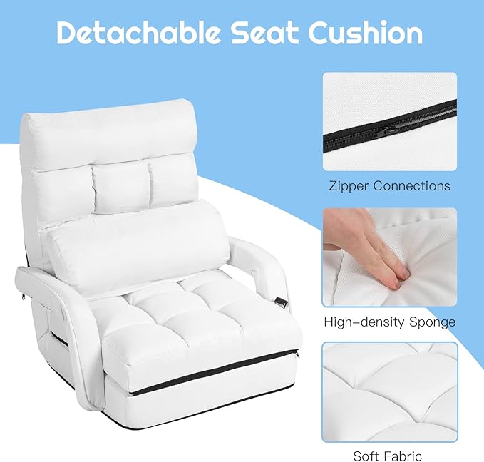 COSTWAY Adjustable Floor Chair, Folding Lazy Sofa Chair with 5 Positions, Detachable Seat Cushion, Indoor Chaise Lounge Sofa Bed for Living Room, Bedroom, Office (White)