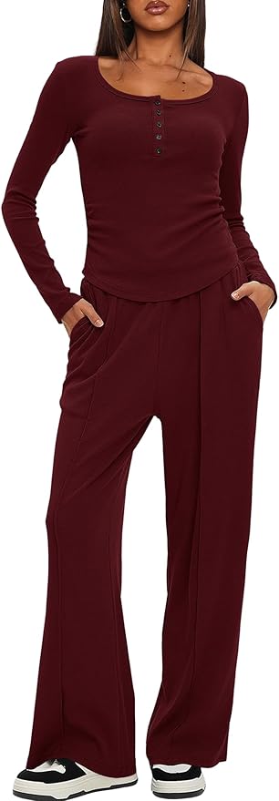 Darong Womens 2 Piece Matching Lounge Sets 2026 Long Sleeve Henley Shirts Wide Leg Pants Airport Travel Outfits