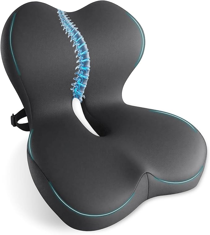 Memory Foam Seat Cushion,Office Chair Cushion with Lumbar Support for Back Pressure Relief, Car Seat Cushion with Adjustable Strap,Sciatica Pad Cushions for Car,Truck,(C-Dark Grey)