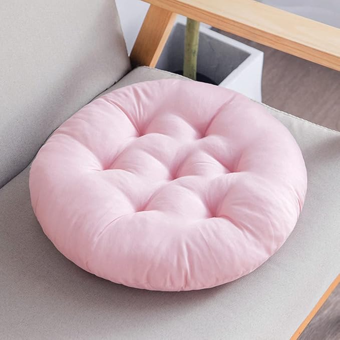 16 Inch Round Chair Seat Pad Thick Tatami Plaid Style Comfortable Floor Seat Cushion Soft Chair Mat for Office Bedroom Living Room Kitchen, Pink