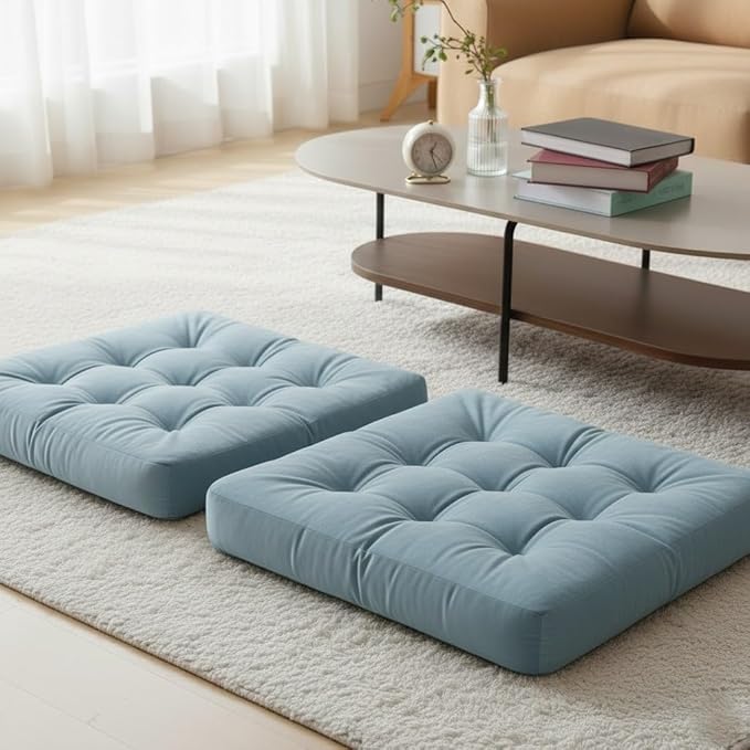 Velvet Floor Pillow Set of 2, Square Large Pillows Seating for Adults, Tufted Cushions for Meditation, Yoga Tatami Living Room Chair, Machine-Washable & Dryer-Safe, Pastel Blue, 22x22 Inch